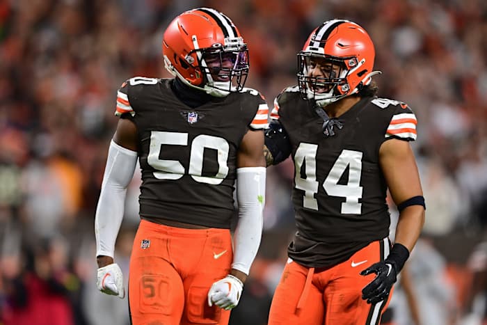 Sep 22, 2022; Cleveland, Ohio, USA; Cleveland Browns linebacker Jacob Phillips (50) celebrates with linebacker Sione Takitaki (44) after a sack of Pittsburgh Steelers quarterback Mitch Trubisky (not pictured) during the fourth quarter at FirstEnergy Stadium. Mandatory Credit: David Dermer-USA TODAY Sports